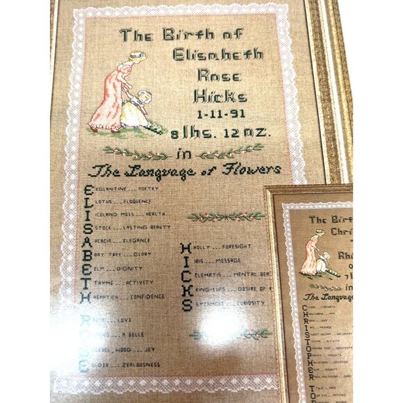 Victorian Language Of Flowers Birth Sampler Chart By Jeanne Bowers - Picture 1 of 4